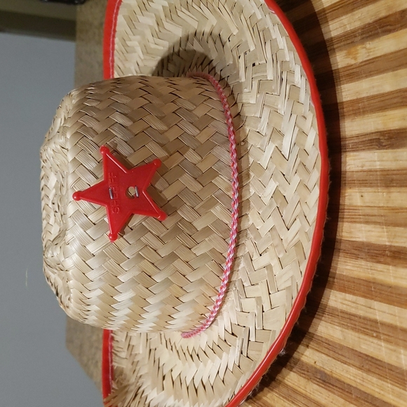Red trimmed womens straw cowboy hat with chinstrap - Picture 2 of 4